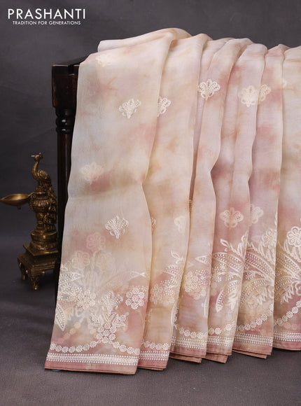 Off White  & Peach Pure Organza Saree - Embroidery