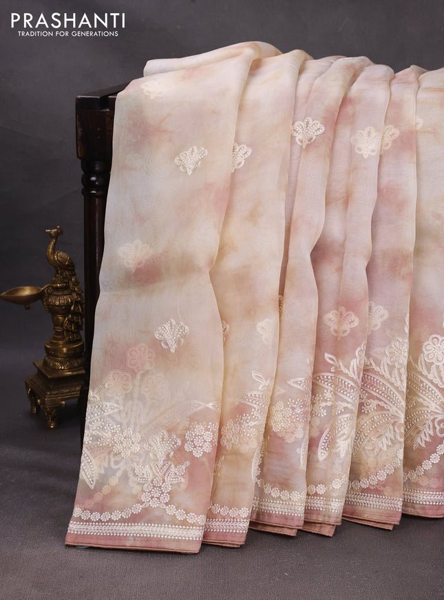 Off White  & Peach Pure Organza Saree - Embroidery