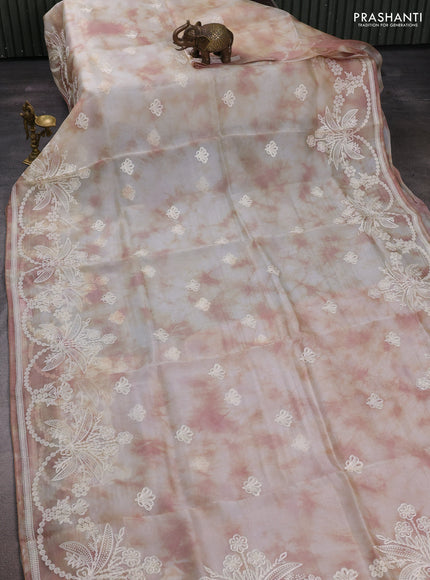 Off White  & Peach Pure Organza Saree - Embroidery