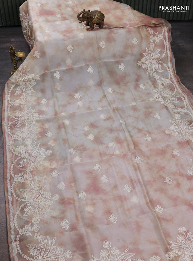 Off White  & Peach Pure Organza Saree - Embroidery