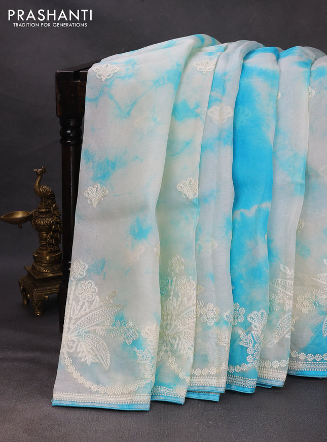 Off White  & Blue Pure Organza Saree - Embroidery