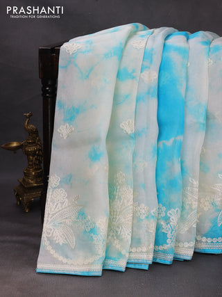 Off White  & Blue Pure Organza Saree - Embroidery
