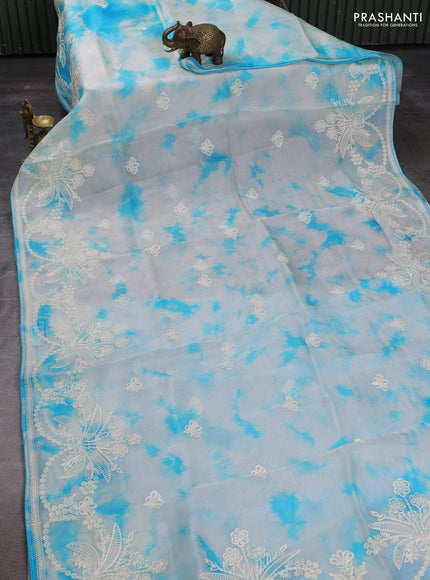 Off White  & Blue Pure Organza Saree - Embroidery