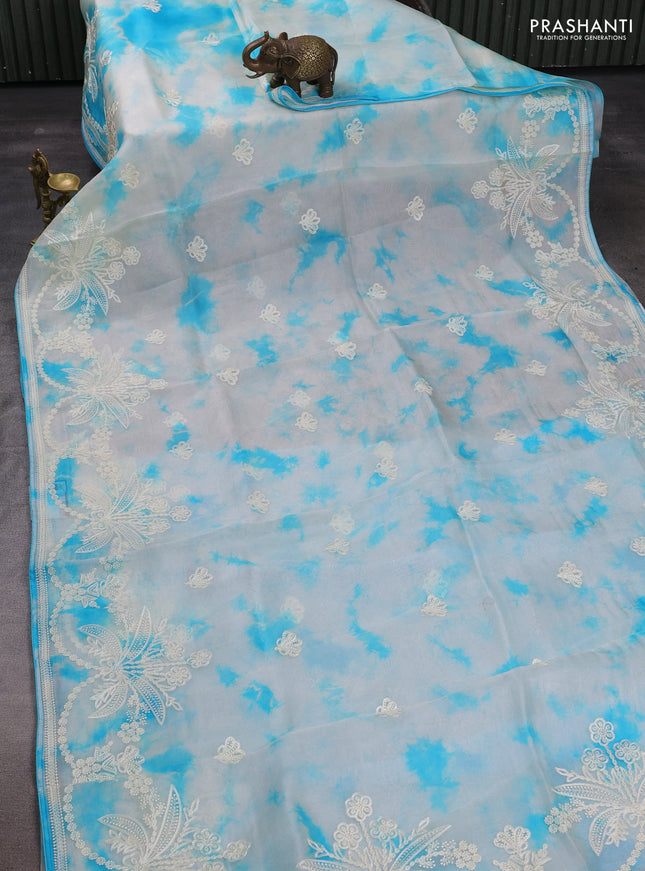 Off White  & Blue Pure Organza Saree - Embroidery