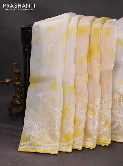 Off White & Yellow Pure Organza Saree - Embroidery