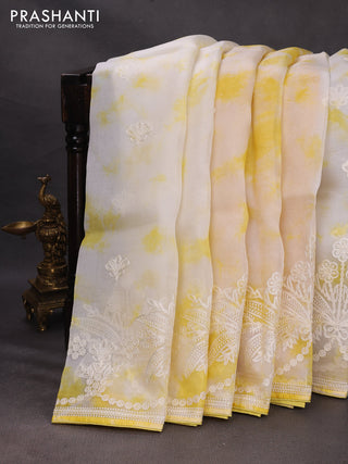 Off White & Yellow Pure Organza Saree - Embroidery