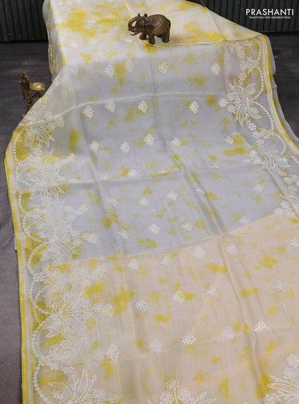 Off White & Yellow Pure Organza Saree - Embroidery