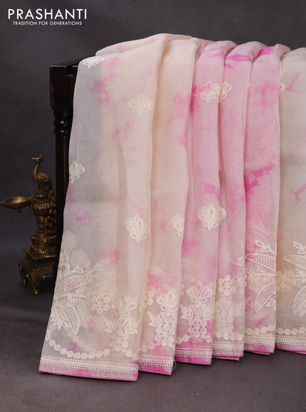 Off White & Pink Pure Organza Saree - Embroidery
