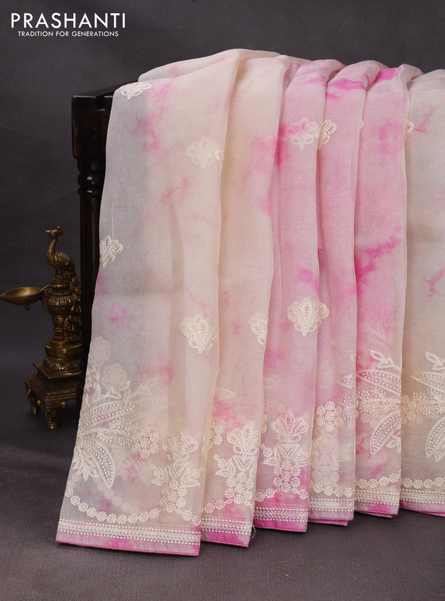 Off White & Pink Pure Organza Saree - Embroidery