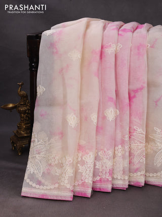 Off White & Pink Pure Organza Saree - Embroidery