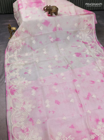 Off White & Pink Pure Organza Saree - Embroidery
