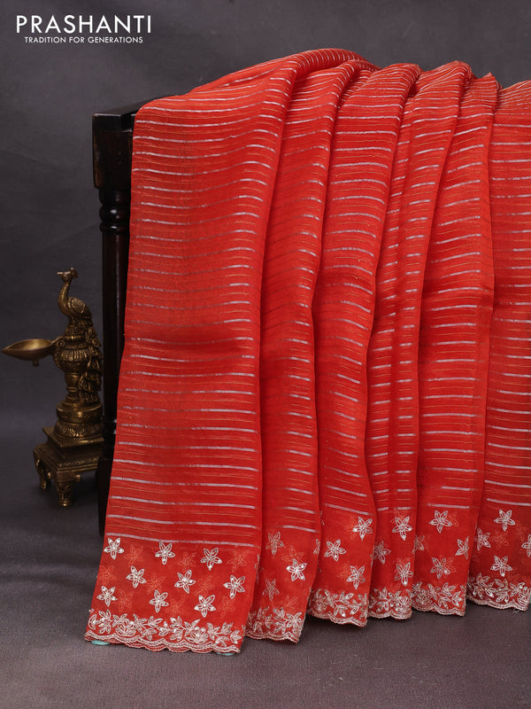 Orange Pure Organza Saree - Embroidery