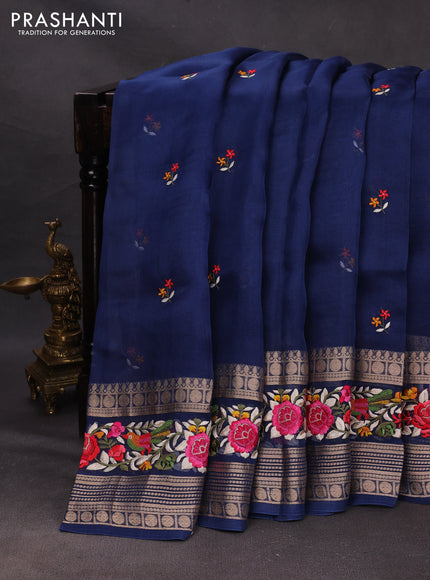 Peacock Blue Pure Organza Saree - Embroidery