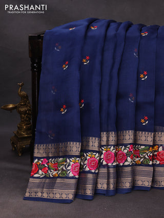 Peacock Blue Pure Organza Saree - Embroidery
