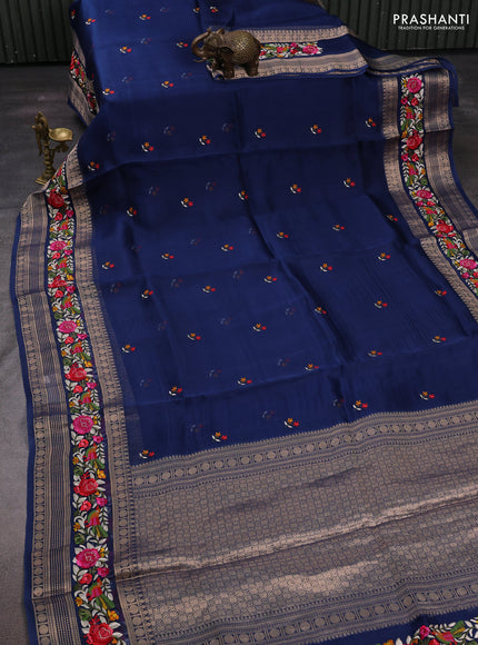 Peacock Blue Pure Organza Saree - Embroidery