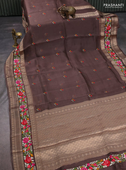 Brown Pure Organza Saree - Embroidery