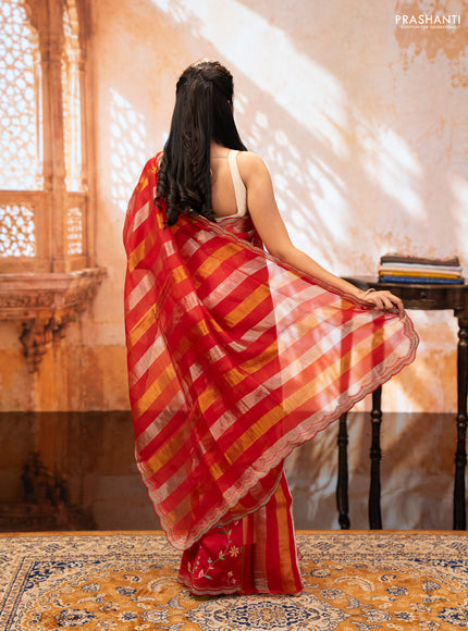 Red Pure Organza Saree - Embroidery