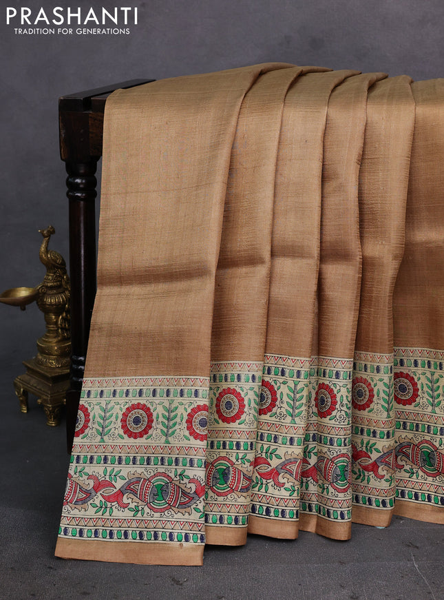 Beige & Cream Madhubani Printed Silk Saree