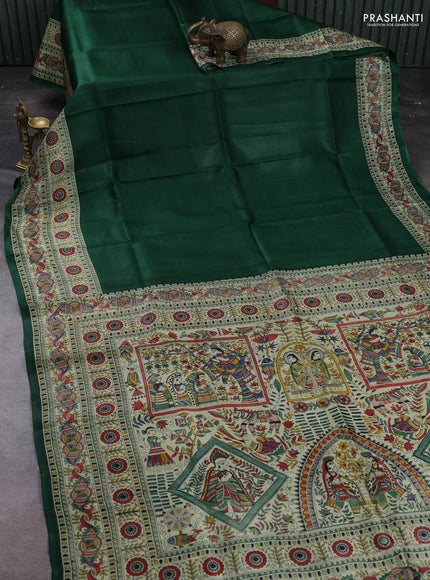 Green & Beige Madhubani Printed Silk Saree