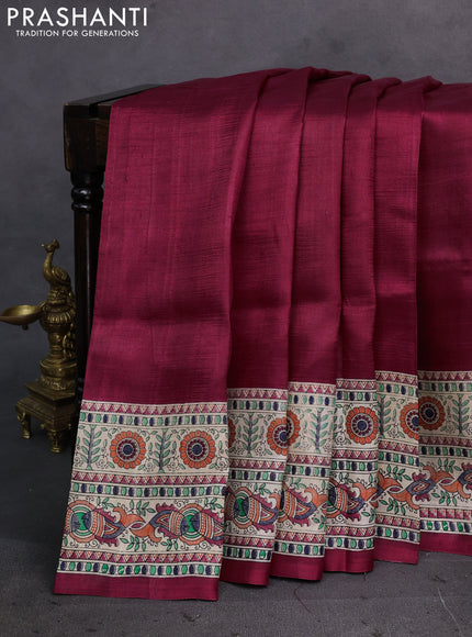 Maroon & Beige Madhubani Printed Silk Saree