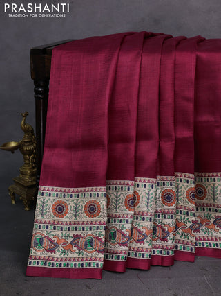 Maroon & Beige Madhubani Printed Silk Saree
