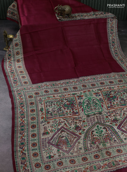 Maroon & Beige Madhubani Printed Silk Saree