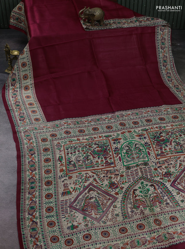Maroon & Beige Madhubani Printed Silk Saree