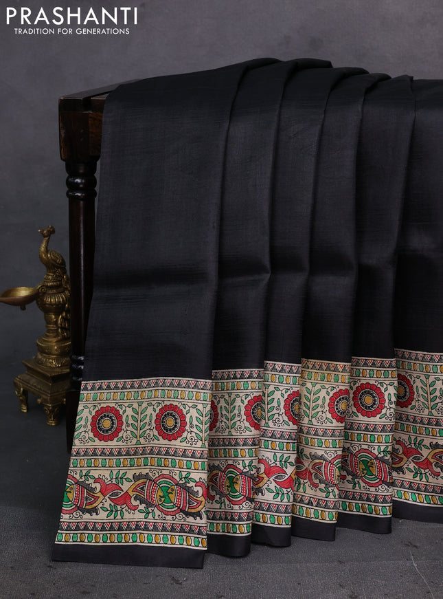 Black & Beige Madhubani Printed Silk Saree