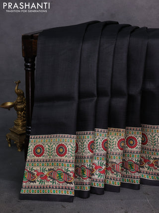 Black & Beige Madhubani Printed Silk Saree