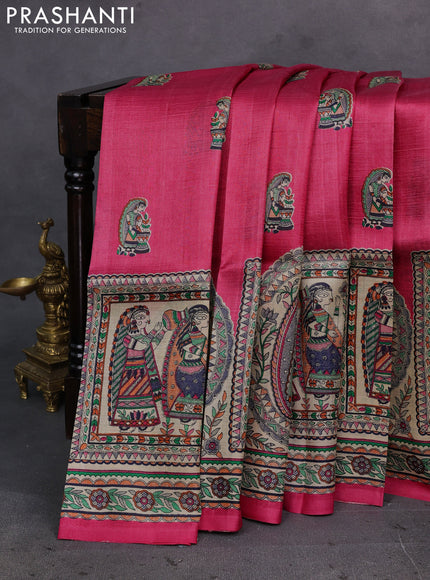 Pink & Beige Madhubani Printed Silk Saree