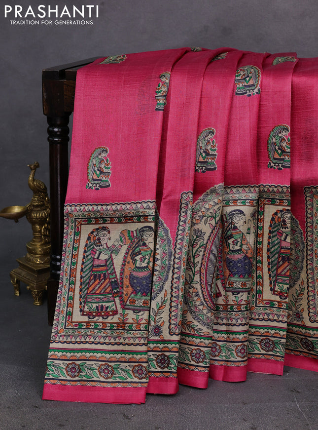 Pink & Beige Madhubani Printed Silk Saree