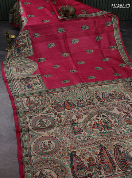 Pink & Beige Madhubani Printed Silk Saree