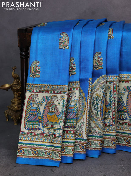 Blue & Beige Madhubani Printed Silk Saree