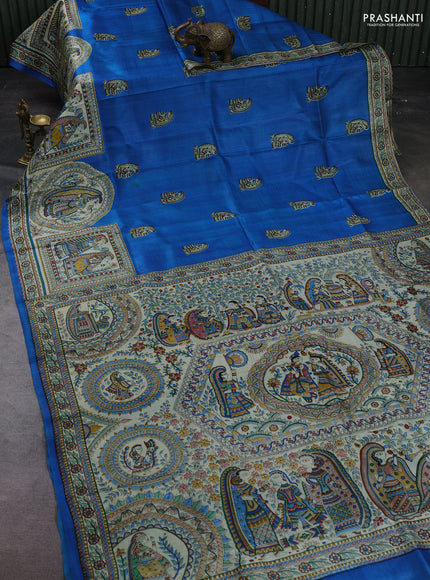 Blue & Beige Madhubani Printed Silk Saree