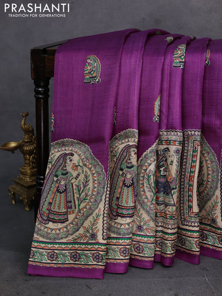 Purple & Beige Madhubani Printed Silk Saree