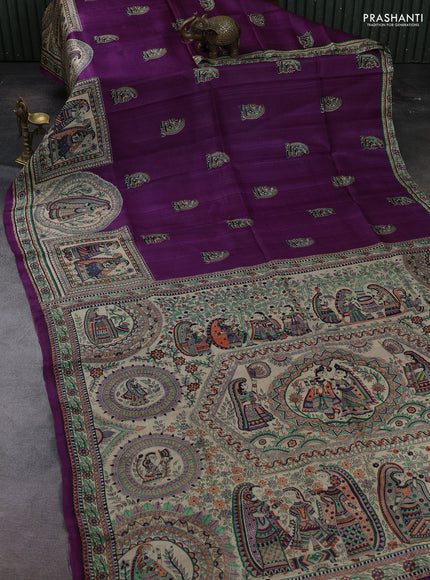 Purple & Beige Madhubani Printed Silk Saree