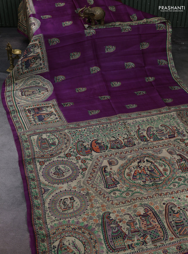 Purple & Beige Madhubani Printed Silk Saree