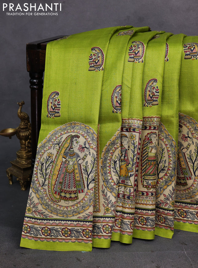 Green & Beige Madhubani Printed Silk Saree