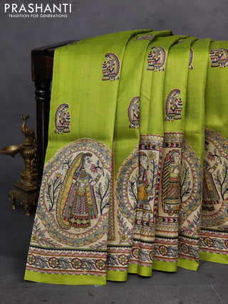 Green & Beige Madhubani Printed Silk Saree