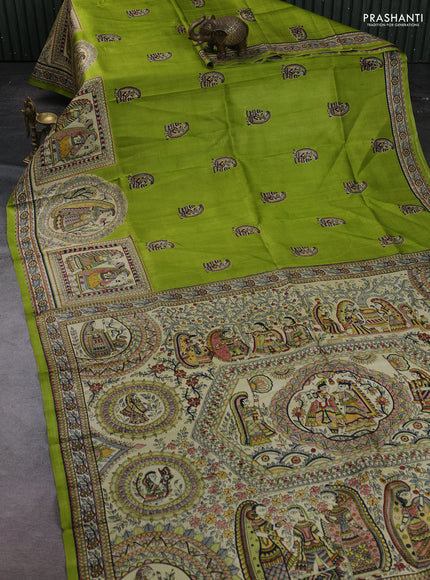 Green & Beige Madhubani Printed Silk Saree