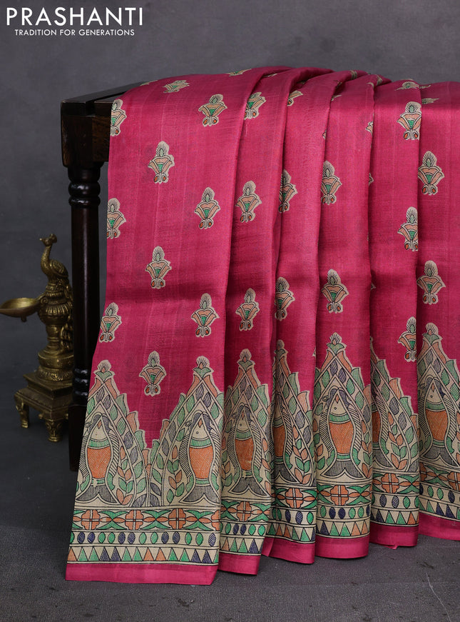 Pink & Beige Madhubani Printed Silk Saree