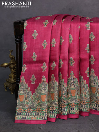 Pink & Beige Madhubani Printed Silk Saree