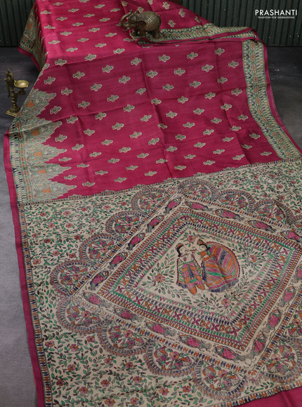 Pink & Beige Madhubani Printed Silk Saree