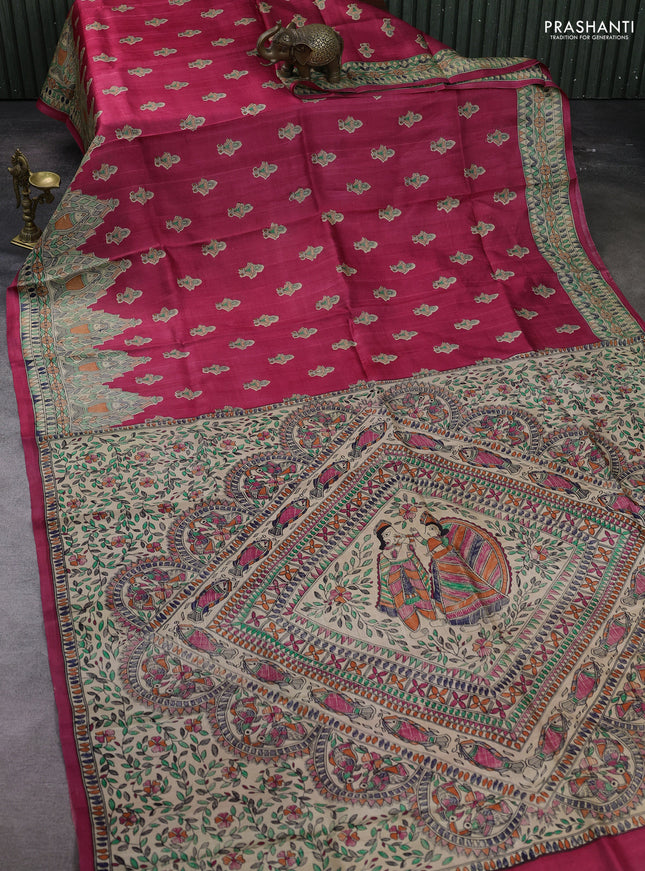 Pink & Beige Madhubani Printed Silk Saree
