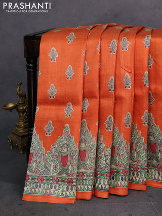 Orange & Beige Madhubani Printed Silk Saree
