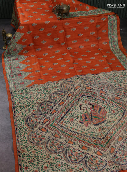 Orange & Beige Madhubani Printed Silk Saree