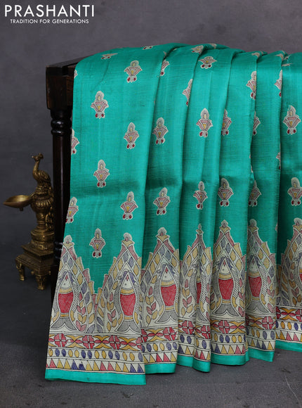 Teal Green & Beige Madhubani Printed Silk Saree