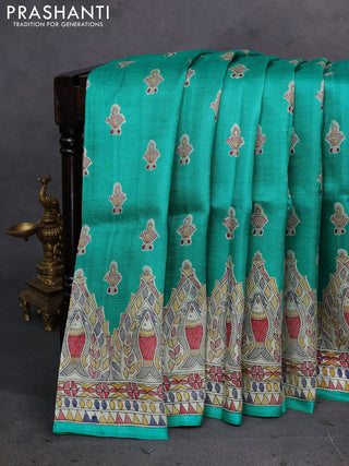 Teal Green & Beige Madhubani Printed Silk Saree