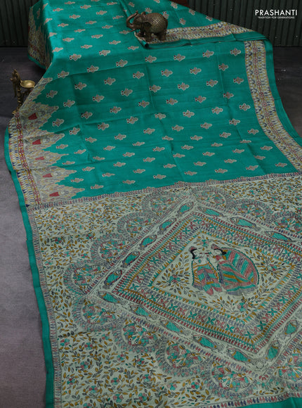 Teal Green & Beige Madhubani Printed Silk Saree