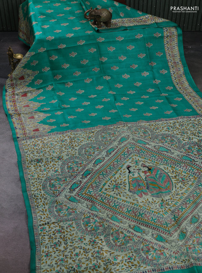 Teal Green & Beige Madhubani Printed Silk Saree